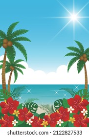 Tropical summer sea background hibiscus and palm trees