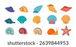 Tropical Summer Sea Shell Vector Set Bundle. Colorful Beach Clipart Pack for Scrapbooking, Social Media Posts, Kids Party Invitations, and Ocean Design Element