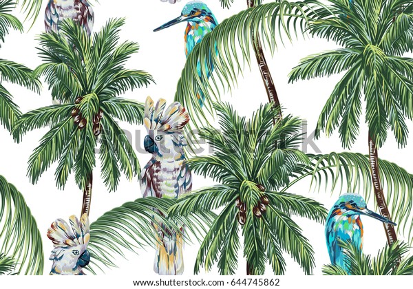 Tropical summer seamless floral pattern\
background with parrots, beautiful birds, palm trees, leaves.\
Vector jungle tree illustration, cockatoo, kingfisher bird, coconut\
palms. Exotic\
wallpaper