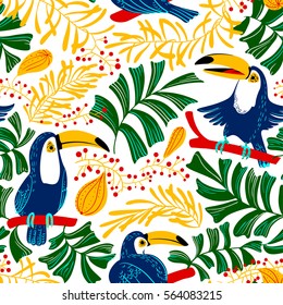 Tropical summer seamless pattern. Background with toucan birds and tropical plants and fruits. Colorful nature. Cartoon vector illustration for backdrop design