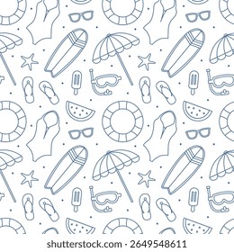 Patrón sin fisuras de verano tropical con Elementos de playa en ilustración de estilo plano de dibujos animados