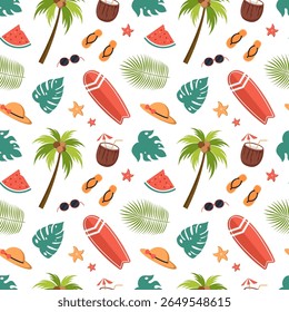 Tropical Summer Seamless Pattern with Beach Elements in Cartoon Flat Style Illustration