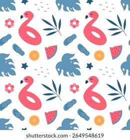 Tropical Summer Seamless Pattern with Beach Elements in Cartoon Flat Style Illustration