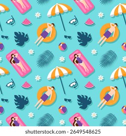 Patrón sin fisuras de verano tropical con Elementos de playa en ilustración de estilo plano de dibujos animados