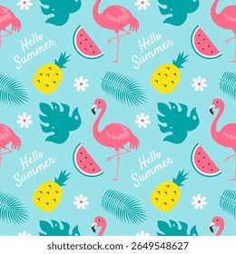 Tropical Summer Seamless Pattern with Beach Elements in Cartoon Flat Style Illustration