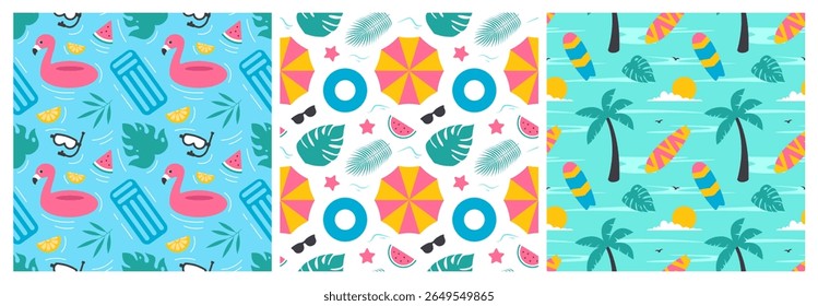 Tropical Summer Seamless Pattern with Beach Elements in Cartoon Flat Style Illustration