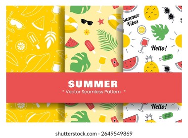 Tropical Summer Seamless Pattern with Beach Elements in Cartoon Flat Style Illustration
