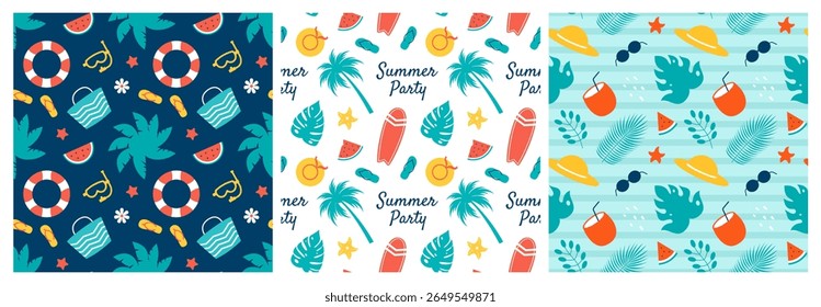Tropical Summer Seamless Pattern with Beach Elements in Cartoon Flat Style Illustration