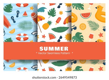 Patrón sin fisuras de verano tropical con Elementos de playa en ilustración de estilo plano de dibujos animados