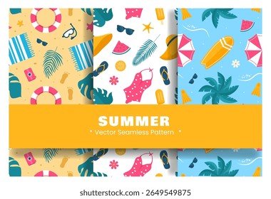 Tropical Summer Seamless Pattern with Beach Elements in Cartoon Flat Style Illustration