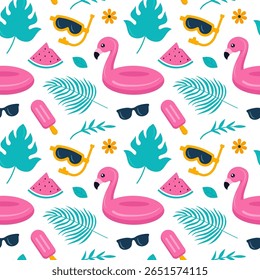 Tropical Summer Seamless Pattern with Beach Elements in a Flat Cartoon Style Illustration
