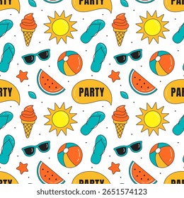 Tropical Summer Seamless Pattern with Beach Elements in a Flat Cartoon Style Illustration