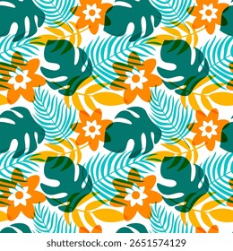 Tropical Summer Seamless Pattern with Beach Elements in a Flat Cartoon Style Illustration