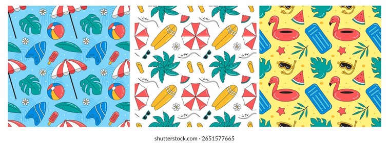 Tropical Summer Seamless Pattern with Beach Elements in a Flat Cartoon Style Illustration