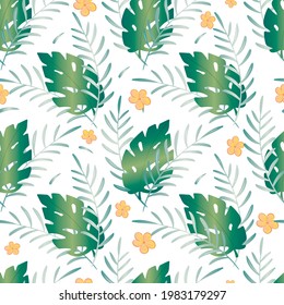 Tropical summer seamless pattern. Cartoon monstera leaves and plumeria flowers. Green trending plant branches for background or wallpaper decoration.