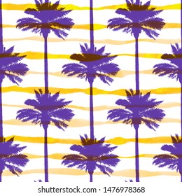 Tropical summer seamless pattern with coconut palms and yellow watercolor strips. Vector background
