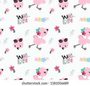 Tropical summer seamless pattern with cute pink flamingo on isolated background illustration vector.
