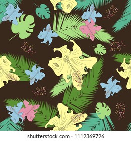Tropical summer seamless pattern with exotic flowers and palm leaves on dark background. Line art. Hibiscus Flowers. (Hibiscus)
