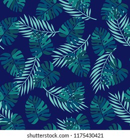 Tropical Summer Seamless Pattern with Exotic Palm Plants and Leaves on Blue Background. Vector Floral Illustration for Use in Design.