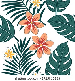 Verão tropical padrão sem costura com flores exóticas e folhagem tropical vívida para um conceito de design aventureiro como Padrão de flor de verão exótico com flores tropicais e folhagem vívida perfeito para projetos ousados de verão aventureiro em Photo Stock Concept e espaço vazio no lado esquerdo, sem texto —ar 7:2 —tile