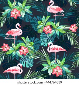 Tropical Summer Seamless Pattern With Flamingo Birds And  Flowers