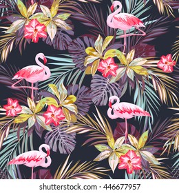 Tropical summer seamless pattern with flamingo birds and exotic plants