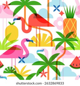 Verão tropical sem costura padrão. Design de vetor plano com flamingo, palma, abacaxi e melancia. Perfeito para impressões de férias de praia, têxteis de moda, papel de embrulho ou arte de férias na moda