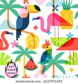 Tropical summer seamless pattern. Flat vector design with flamingo, palms, toucan, pineapple, and watermelon. Perfect for beach vacation prints, fashion textiles, wrapping paper or trendy holiday art