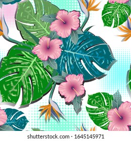 Patrón tropical sin fisuras. Flores tropicales con hojas tropicales de fondo animal. Ilustración del vector