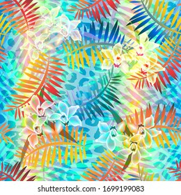 Tropical summer seamless pattern. Tropical flowers of Orchid with tropical leaves. Vector illustration