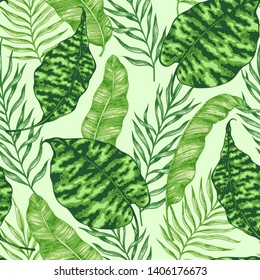 Tropical summer seamless pattern with green palm leaves. Hand drawn vector background