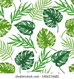 Tropical summer seamless pattern with green palm leaves and branch. Hand drawn vector background