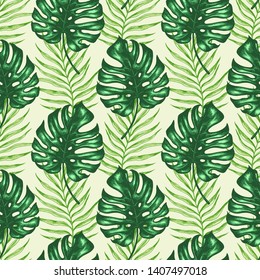 Tropical summer seamless pattern with green palm leaves. Hand drawn vector background