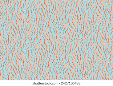 Tropical summer seamless pattern with hand drawn seaweed botanical elements. Vector illustration in pantone peach fuzz, apricot crush, blue colors.