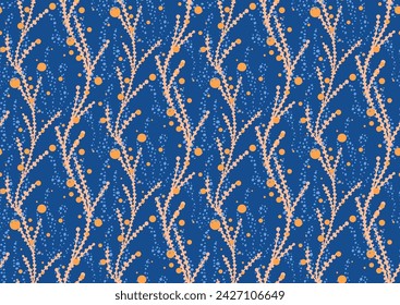 Patrón sin costuras de verano tropical con elementos botánicos de algas dibujados a mano. Ilustración vectorial en pelusa de melocotón pantone, naranja brillante, colores azul náutico.