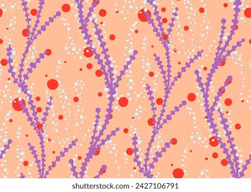 Tropical summer seamless pattern with hand drawn seaweed botanical elements. Vector illustration in pantone peach fuzz, apricot crush, violet colors.