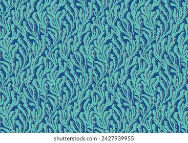 Nahtloses tropisches Sommer-Muster mit handgezeichneten verschlungenen Zweigen von Meeresalgen-botanischen Elementen. Vektor-Illustration in Pantone nautisch blau, baltische Farben.