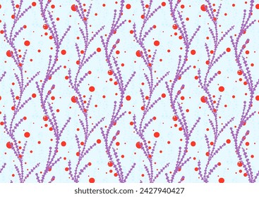 Tropical summer seamless pattern with hand drawn seaweed botanical elements. Vector illustration in pantone apricot crush, violet colors.