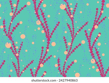 Tropical summer seamless pattern with hand drawn seaweed botanical elements. Vector illustration in pantone peach fuzz, blazing orange, baltic colors.