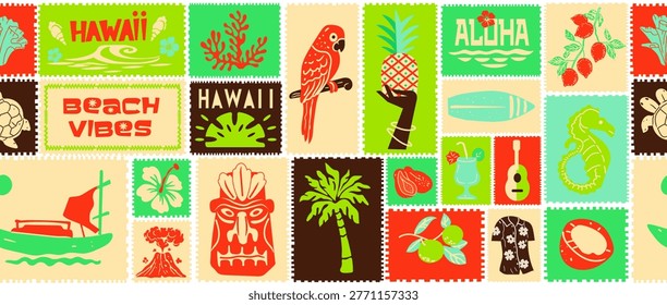 Tropical summer seamless pattern, hand drawn exotic holiday tile background, ocean mail sticker. Hawaii aloha square mosaic wallpaper, coastal beach collage texture. Summer sea pattern graphic