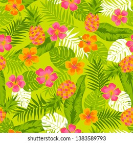 Tropical summer seamless pattern with hibiscus flower, pineapple and tropical leaf.