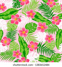 Tropical summer seamless pattern with hibiscus flower and tropical leaf.