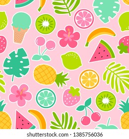 Tropical summer seamless pattern with hibiscus, tropical fruits, ice cream and botanical leaf.