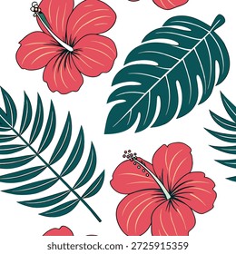 Tropical summer seamless pattern with hibiscus flowers and exotic leaves for bright lively spaces concept as Hibiscus flowers and exotic leaves arranged in a seamless tile pattern perfect for a lively and bright tropical ambiance in Photo Stock Concept and empty space on the left side,no text --ar 7:2 --tile