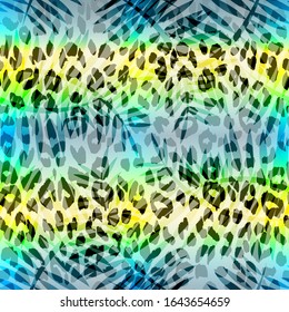 Tropical summer seamless pattern. Tropical  tropical leaves at Animal leopard background. Vector illustration