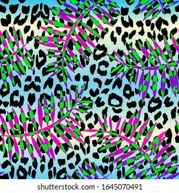 Tropical summer seamless pattern. Tropical  tropical leaves at Animal leopard background. Vector illustration