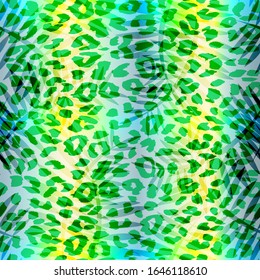 Tropical summer seamless pattern. Tropical  tropical leaves at Animal leopard background. Vector illustration