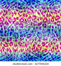 Tropical summer seamless pattern. Tropical  tropical leaves at Animal leopard background. Vector illustration