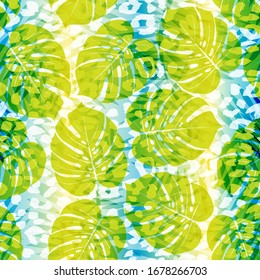 Tropical summer seamless pattern. Tropical  tropical leaves at Animal leopard background. Vector illustration