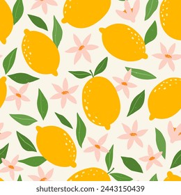 Tropical summer seamless pattern with lemons, leaves and flowers. Citrus fruit background. Modern trendy design for paper, cover, fabric. Vector illustration.